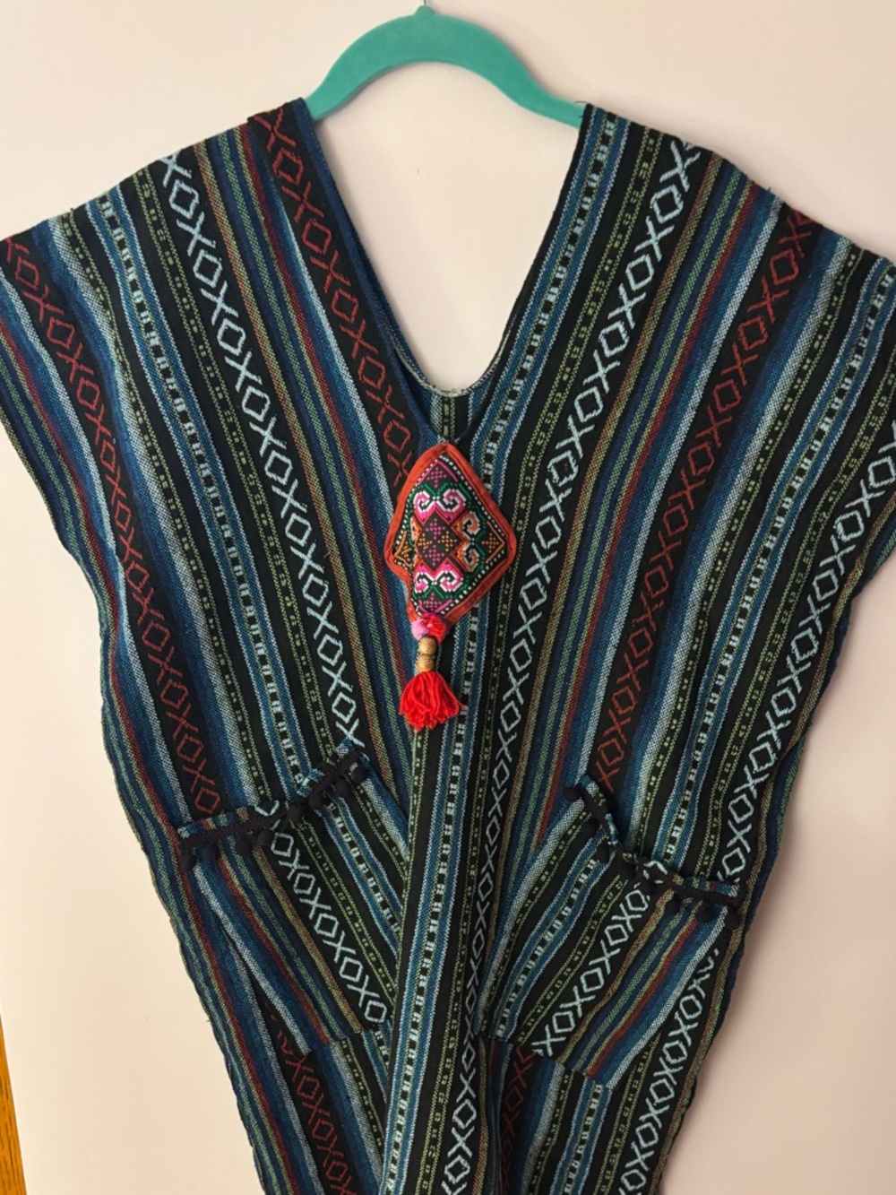 Striped Vintage Hmong Tribal Cotton Dress/poncho, karen style, bohemian, fringe